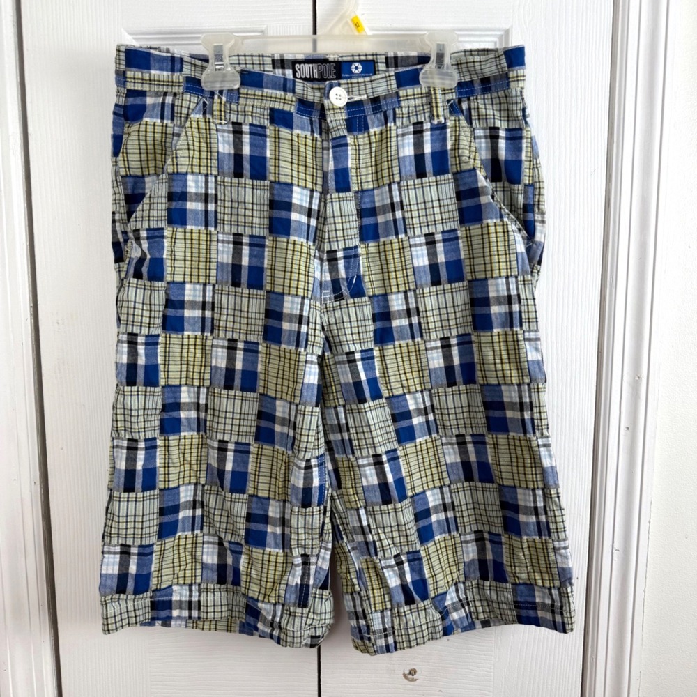 Vtg Southpole Plaid Patchwork Shorts Youth 20 Blue Yellow Y2K Streetwear Hip Hop